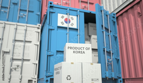 Cartons with goods from South Korea and shipping containers in the port terminal or warehouse. National production related conceptual 3D rendering