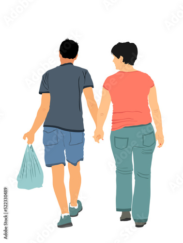 Happy couple hold hands vector illustration isolated on white background. Mature coupe in love together in retail shopping market with bag. Parents, mother and father closeness in public.