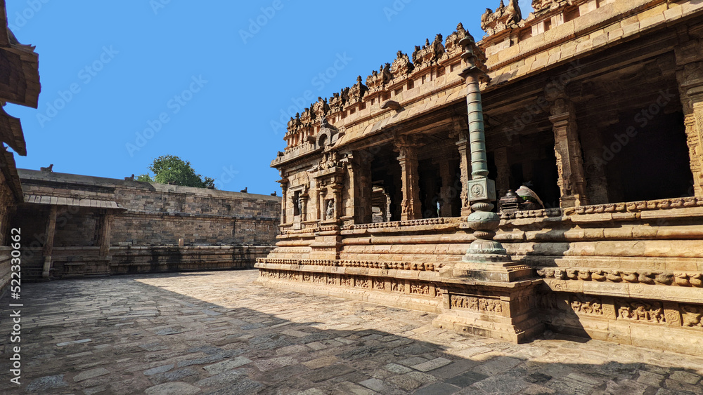 A broad view of the temple and its external wall from inside, Dharasuram, Tamil Nadu, India