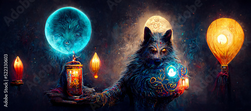 Fotografia sorcerer holding a glowing lantern standing with magic Digital Art Illustration