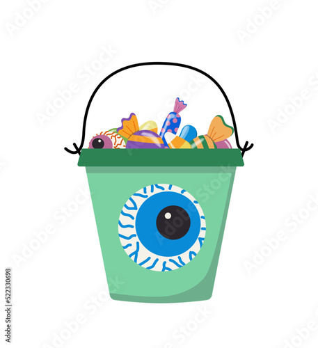 Halloween pail with blue eyeball for candies, sweets. Flat, vector