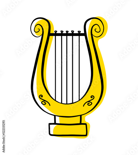 Harp outline musical instrument, vector isolated silhouette, simple hand drawn lyre doodle icon.