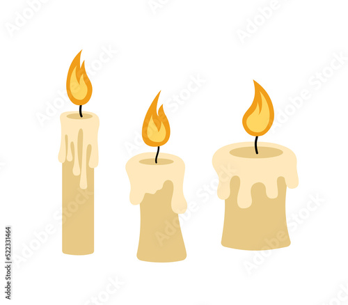 Burning candle set. Wax candles. Flat, cartoon, vector