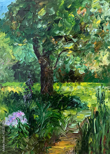 garden park summer landscape with tree and flowers, oil painting