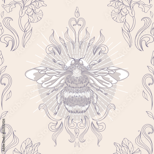 Shining bumblebee, sun rays, herbs and leaves. Seamless pattern in vintage style. Halloween, magic, witchcraft, astrology, mysticism. For wallpaper, printing on fabric, wrapping, background.