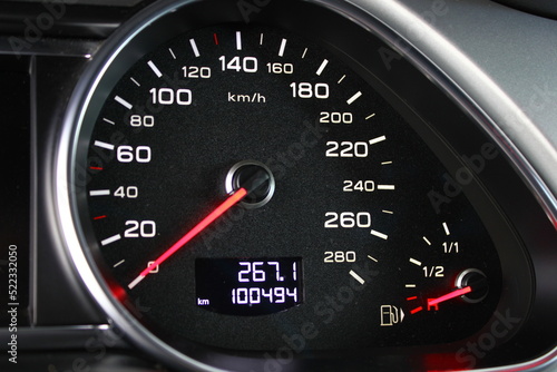 Dashboard of a modern car, speed scale.