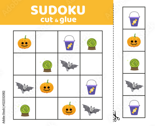 Halloween sudoku for kids with pumpkin, candy pail, magic ball, bat. Sudoku game. Cut and glue. Cartoon