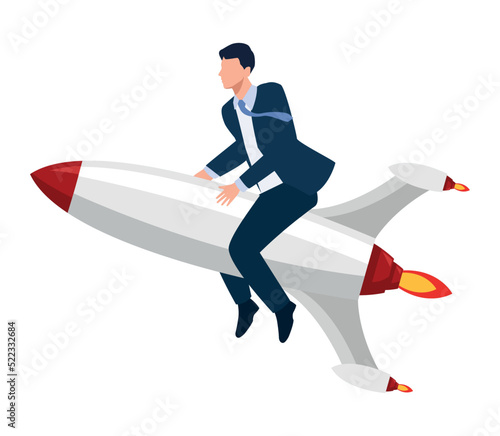 elegant businessman flying in rocket