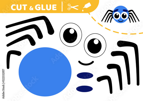 Blue spider. Cut and glue. Application work. Paper game. Vector