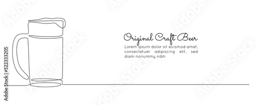 Continuous one line drawing of beer glass with foam. Craft drink alcohol ale in simple linear style for bar and pub concept banner and menu. Editable stroke. Vector illustration