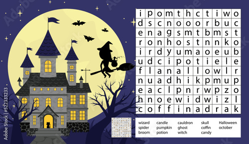 Halloween word search game puzzle for kids. Castle, night, moon. Cartoon, vector