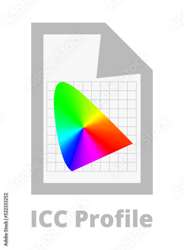 Icc color profile vector icon isolated on white. Symbol of profile that characterizes color input or output device color space and mapping the source or target color space to profile connection space photo
