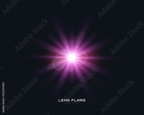 Purple Lens Flare Effect. Vector transparent Sunlight Light Effect. Glowing Rays and Beam Effect