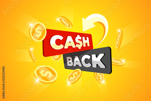 Cashback loyalty program banner concept. Cash back service after purchase promo sign with returned gold coins on yellow background. Money or bonus refund advertising. Financial payment label. Vector