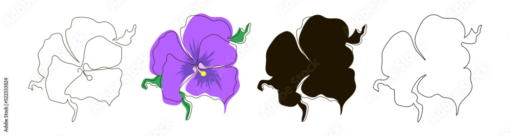 Obraz premium Set of four pansy-eye blossoms in single line, doodle, outline and black silhouette style. Stock vector illustration, isolated on white background.