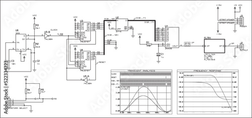 
Vector electrical schematic circuit of a
digital device and signal graphics (transient analysis,
frequency response)