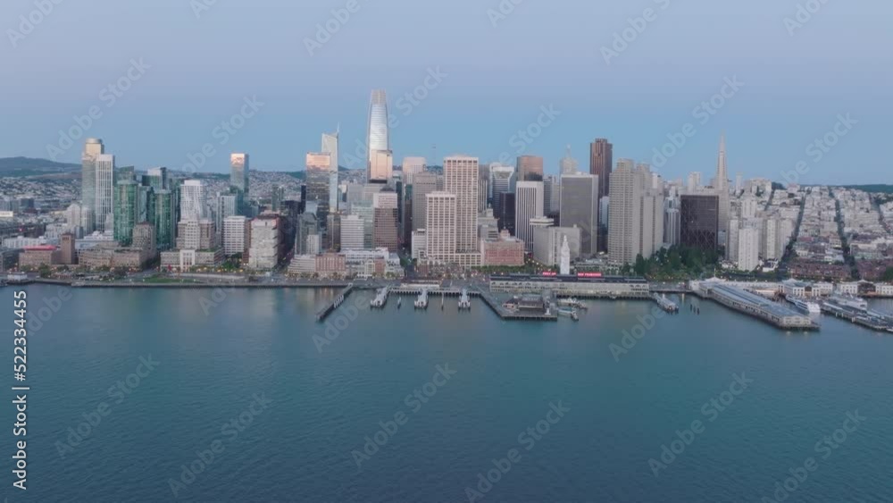 The cluster of high-rise towers surrounded by the natural harbor of the city. Aerial footage of Downtown San Francisco with massive skyscrapers and impressive skyline. High quality 4k footage The cluster of high-rise towers surrounded by the natural harbor of the city. Aerial footage of Downtown San Francisco with massive skyscrapers and impressive skyline. High quality 4k footage