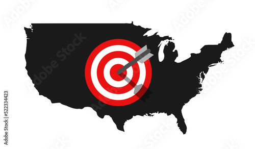 USA, United states of America with target - attack, aggression, assault and invasion. Vector illustration isolated on white.