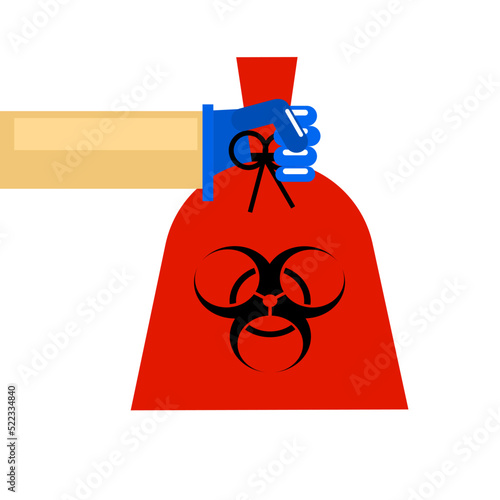 Illustration of the  biohazard garbage holder by a hand. 