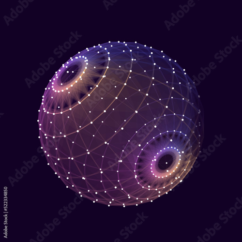 Technology grid sphere. Blue sphere consisting of points and lines. Modern wireframe elements. Vector illustration.
