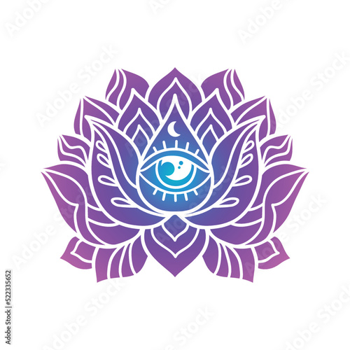 Ornamental lotus flower pattern with third eye. Decoration in oriental, Indian style