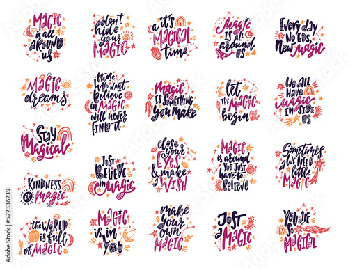 Set og magical phrases. Inspirational quotes with constellations, moon, rainbow, magic wand and stars.