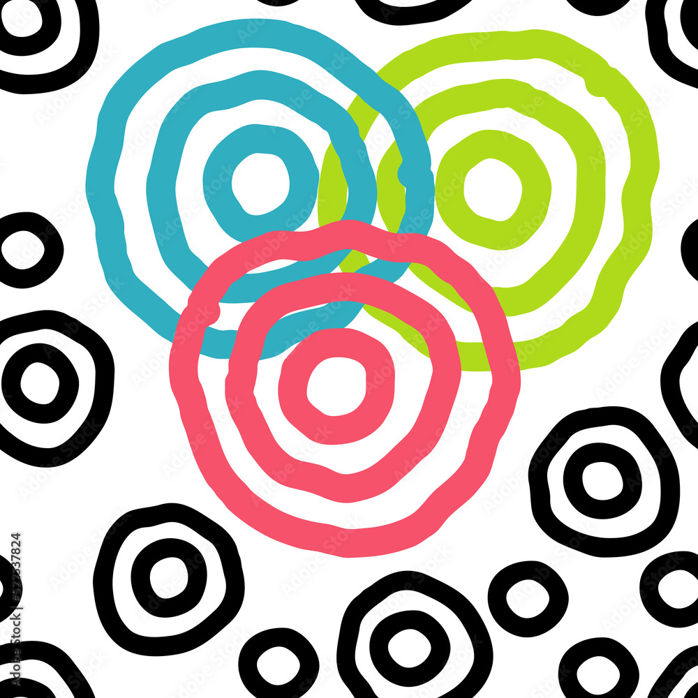 Seamless geometric pattern with circles and dots. Happy positive composition and colours for fabric design, textile print, wallpaper, scrapbook, wrapping paper. Childish, sporty, fashionable style. Seamless geometric pattern with circles and dots. Happy positive composition and colours for fabric design, textile print, wallpaper, scrapbook, wrapping paper. Childish, sporty, fashionable style.