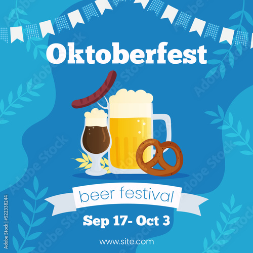 Vector square template banner invitation for Oktoberfest. Autumn beer festival illustration. Beer mugs on blue background with traditional colors flags. Greeting card for social media