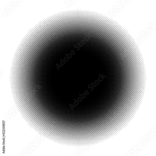 Halftone dot. Pop art circle. Round faded pattern. Raster fading texture. Black dots half tone for design comic print. Radial fadew halftone effect. Abstract popart background. Vector illustration
 photo