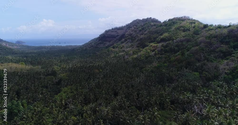 Aerial shot of hills covered in tropical forest, stairs top and sea background Aerial shot of hills covered in tropical forest, stairs top and sea background
