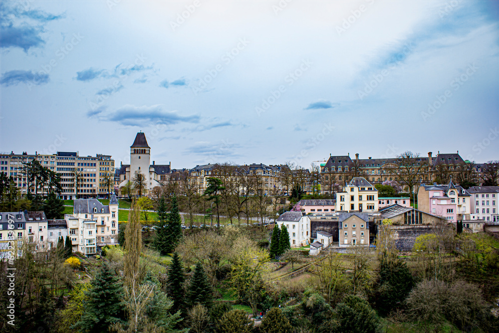 Modern and Traditional Buildings Co-Exist in the Landscape of Municipal Park in Luxembourg City, Luxembourg