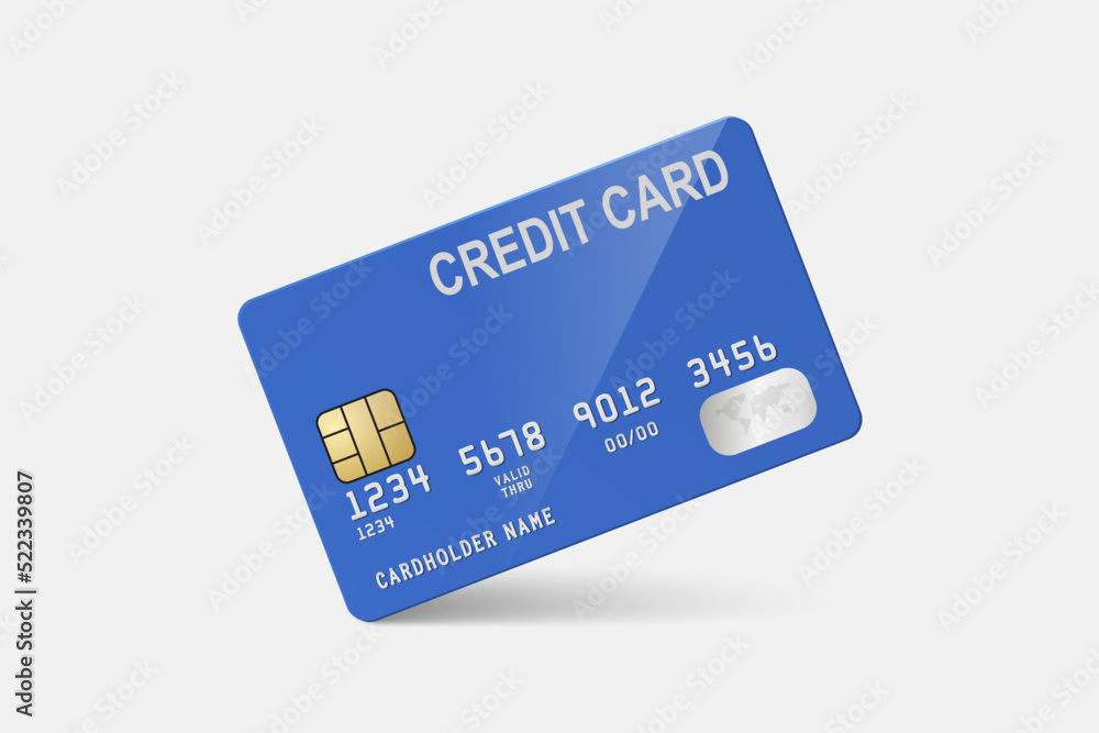 Vector 3d Realistic Blue Credit Card on White Background. Design Template of Plastic Credit or Debit Card. Credit Card Payment Concept. Front View Vector 3d Realistic Blue Credit Card on White Background. Design Template of Plastic Credit or Debit Card. Credit Card Payment Concept. Front View