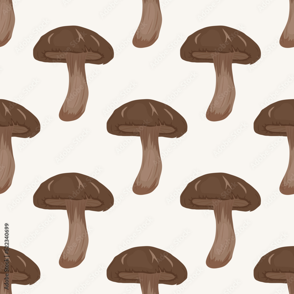 Vector Seamless Pattern with Shiitake Mushroom on White. Seamless Texture, Hand Drawn Cartoon Shiitake Mushrooms. Design Template for Textile, Wallpaper, Print