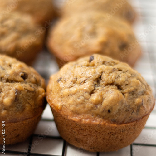 Banana muffins on a cooling tray, close-up