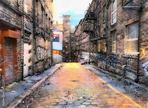 Early winters morning, on a Victorian side street, in the post industrial city of, Bradford, UK           digital art
