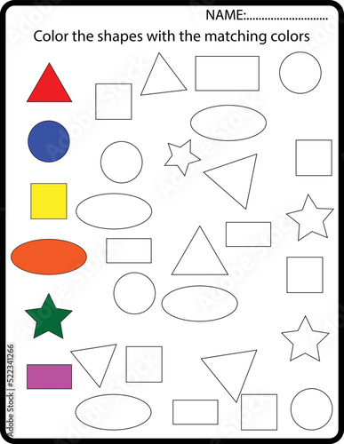All About Shapes Trace and color the geometric shapes, worksheet for kids, Fine Motor Skills Activity.
