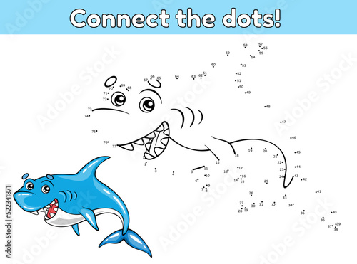 Dot to dot by numbers game. Connect the dots and draw a cute cartoon shark. Educational game for toddlers, preschoolers, kindergarten. Vector illustration.