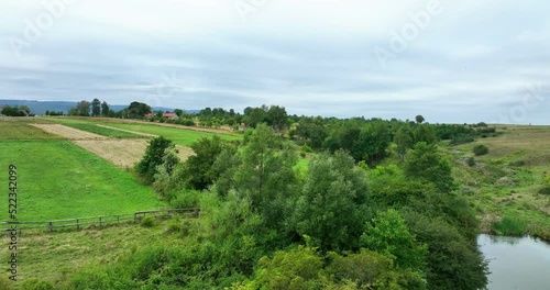 Aerial panoramic countryside landscape. Rural area, view from air