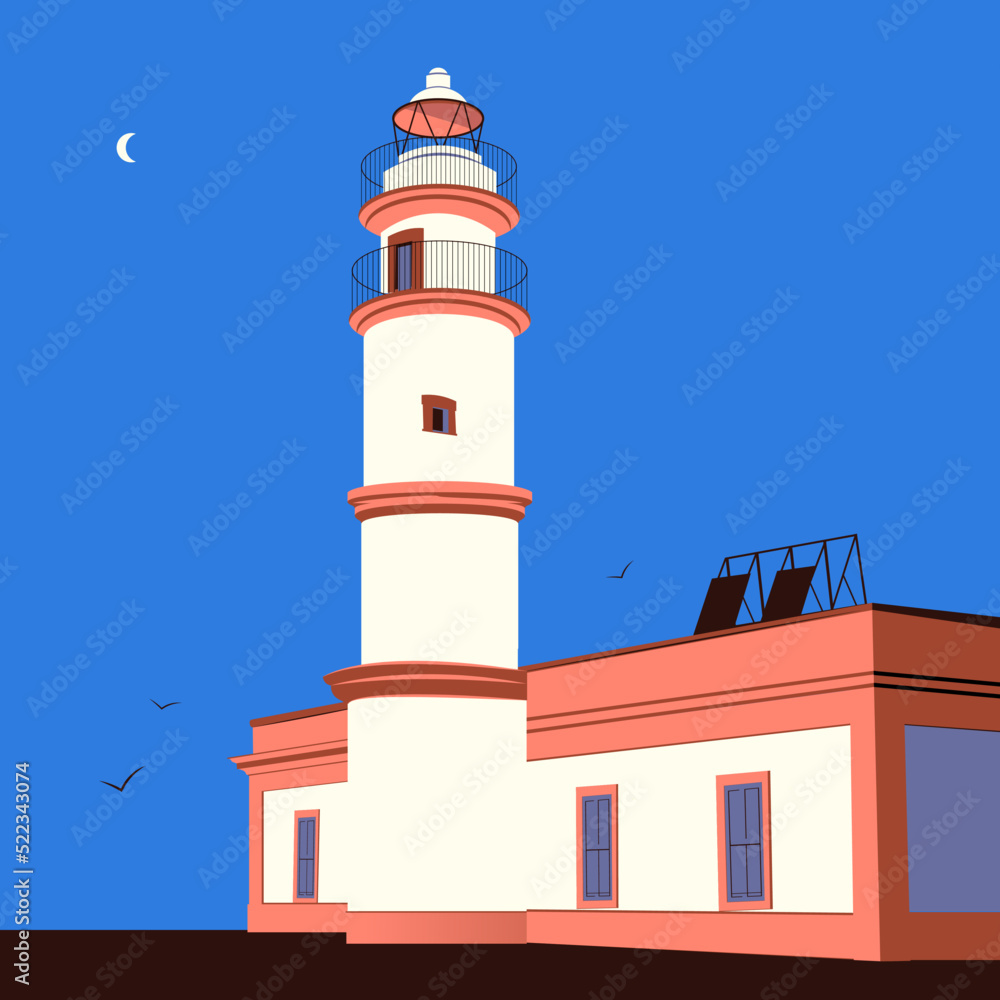 Lighthouse of the Mallorcan town of Ses Salines at sunset in summer. Golden hour Lighthouse of the Mallorcan town of Ses Salines at sunset in summer. Golden hour
