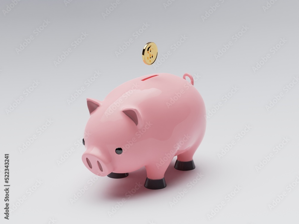 Obraz premium 3D Rendered Piggy Bank with gold coin isolated on white
