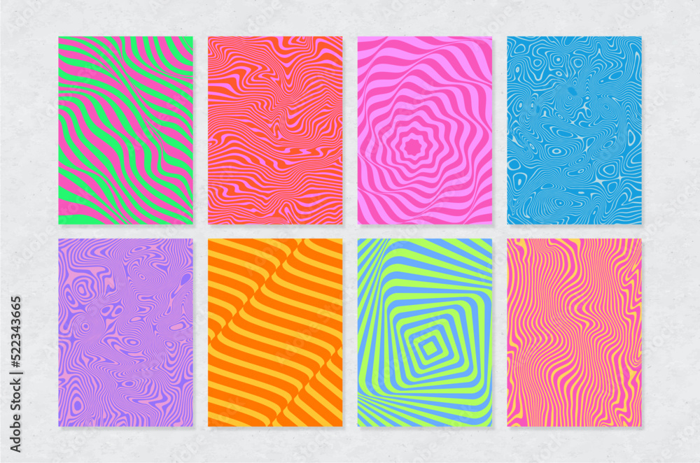 Collection of Y2K backgrounds. Neon acid textures with optical illusion