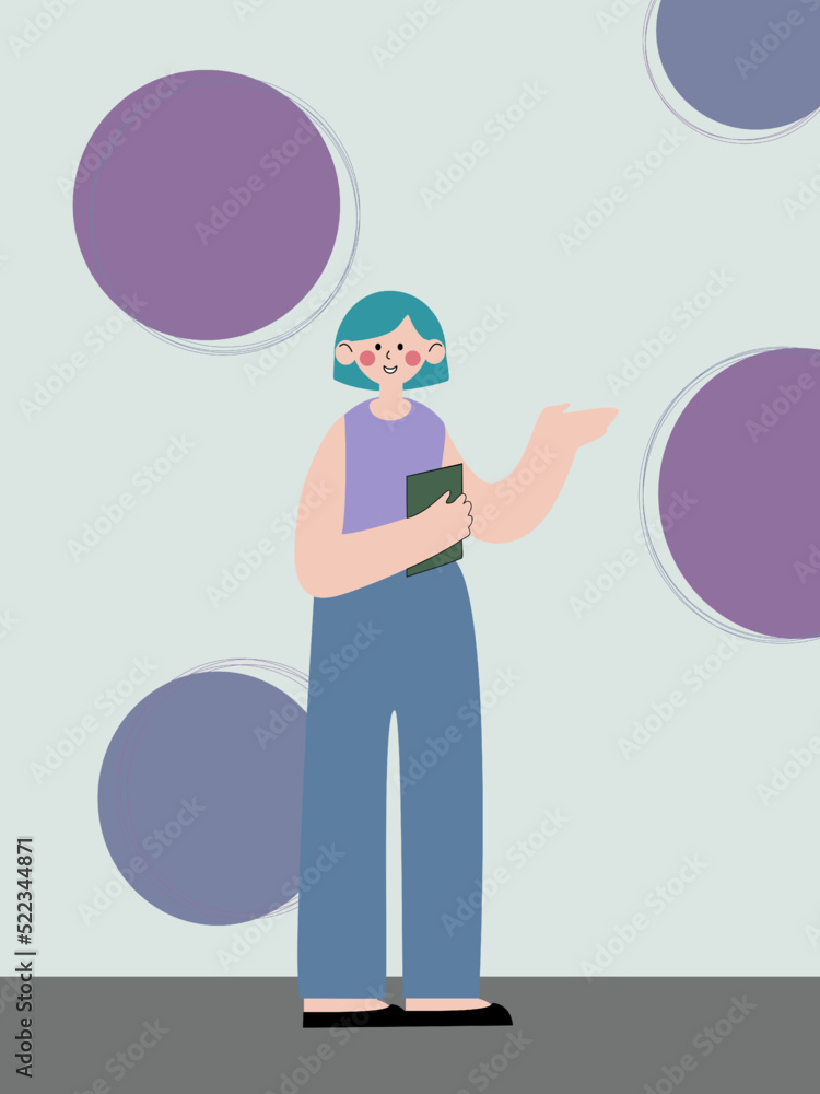 teenager girl with blue hair with a green book in her hands explains teenager girl with blue hair with a green book in her hands explains