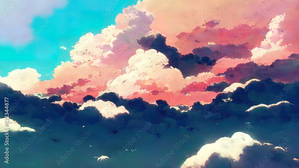 Anime, manga cloud painting. 4K sky wallpaper, moody, colorful background.  A painted cloudscape, with pink and white clouds. Scenery of the sky at  dusk or dawn. Drawing illustration. Stock Illustration | Adobe