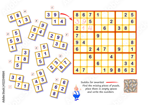 Sudoku for smartest. Logic game. Find the missing pieces of puzzle, place  them in empty spaces and write the numbers. Page for kids brain teaser book. Activity sheet. Developing spatial thinking.