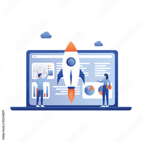 Startup business project vector illustration background. Rocket launch start up creative idea and computer with money and commerce diagrams.