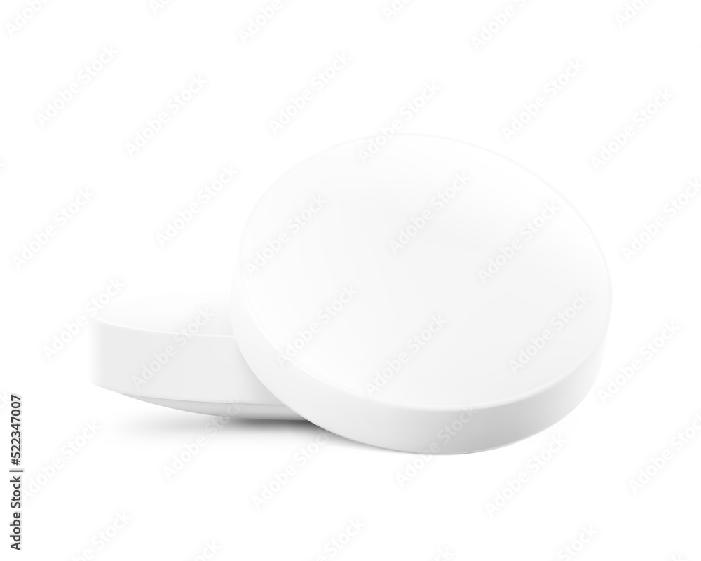 Realistic round tablet with convex mockup. Vector illustration isolated on white background. Can be used for medical and cosmetic. Ready for your design. EPS10. Realistic round tablet with convex mockup. Vector illustration isolated on white background. Can be used for medical and cosmetic. Ready for your design. EPS10.