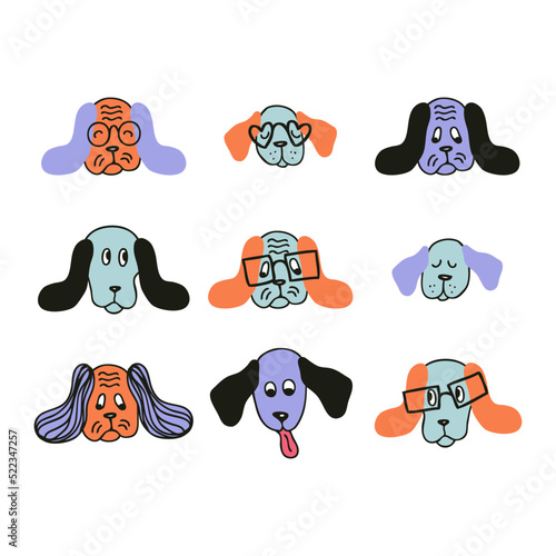 Hand drawn basset hound dog cartoon collection. Animalistic doodle set for T-shirt, stickers, print, poster. Cute isolated vector illustration for decor and design. photo