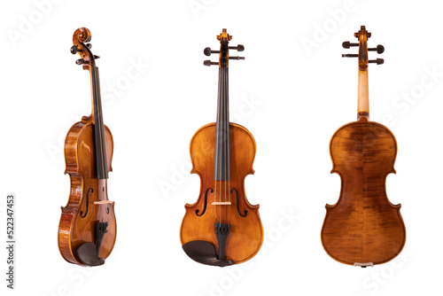 Violin on white background  diagonal   Old violin with front  back and side views.