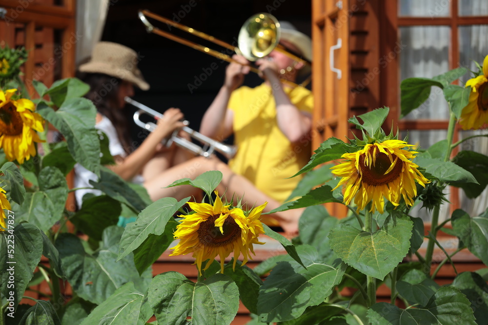Naklejka premium Huge sunflowers in front of a wooden house with a man and a woman in the window with a musical instrument playing trumpet and trombone.The concept of summer leisure and entertainment