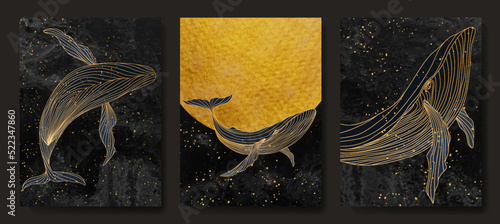 Photo Luxury art background with whales and moon with stars in golden line style